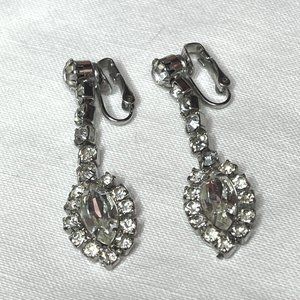 Vintage Clear Rhinestone Silver-Tone Teardrop Dangle Drop Clip-On Earrings